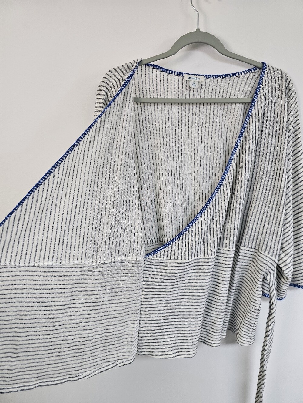 Sundance Freya Yarn Dyed Linen Blend Faux Wrap Striped Whipstitch Blouse - Picture 8 of 8